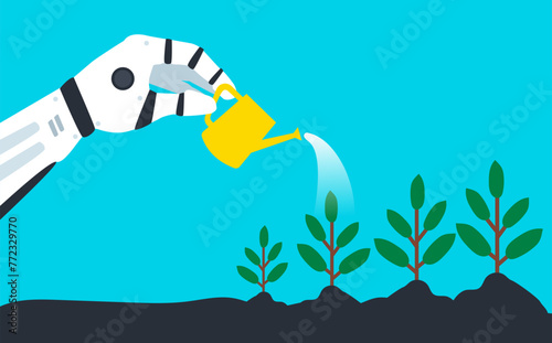 robotic hands watering small plants in soil  save nature ecology concept vector illustration