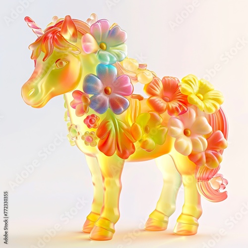 3D Cute horse with flowers made of rainbow gummy candy, in the style of candycore, on a white background photo
