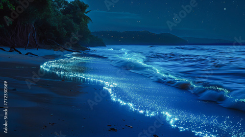 Um plano de fundo bioluminescente, onde pequenas ondas brilham suavemente, criando uma cena mágica e única photo