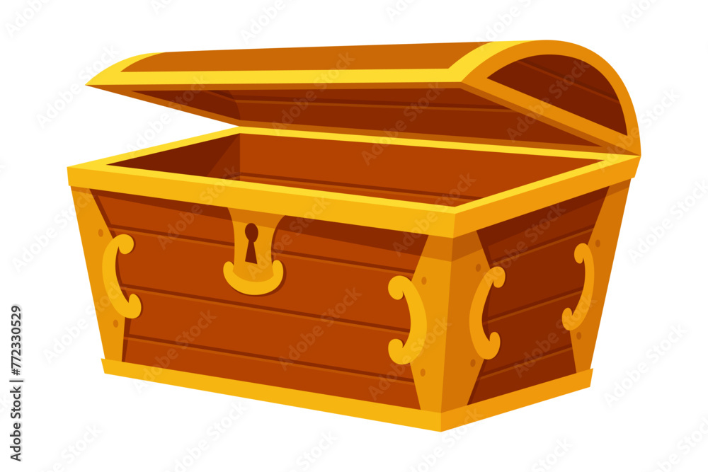 Chest. Game wooden antique box. Empty old wooden chest for gold treasure. Cartoon ancient container for pirates isolated vector icon on white Chest. Game wooden antique box. Empty old wooden chest for gold treasure. Cartoon ancient container for pirates isolated vector icon on white