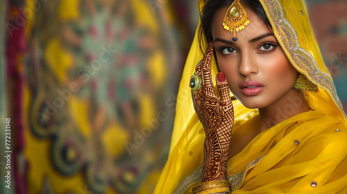 Mulher indiana com roupas  amarelas e tatuagens  photo