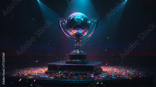 a gleaming trophy on the top of a podium surrounded by confetti symbolizing success and achievement. 