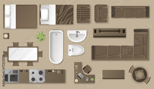 Interior furniture collection top view. Elements for living room, bedroom, kitchen, bathroom. Floor plan, view from above. Furniture store. Icons set of interior. Isolated vector illustration