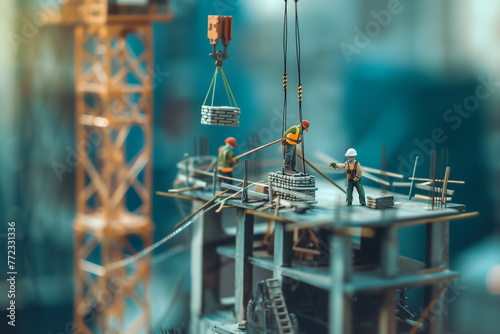 miniatures dans une maquette d'un immeuble en construction, avec une grue et des manœuvres du bâtiment. Métiers du BTP, construction, ouvriers, bâtiment © Noble Nature