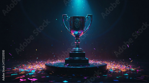 a gleaming trophy on the top of a podium surrounded by confetti symbolizing success and achievement. 