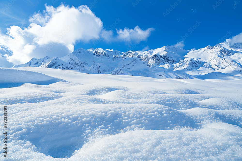 Panorama of Snow Mountain Landscape with Blue Sky
