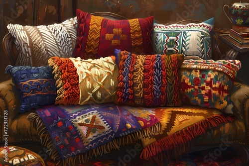 A cozy couch overflowing with colorful, knitted pillows and a patterned blanket. Perfect for adding a touch of comfort and style to any living room.
