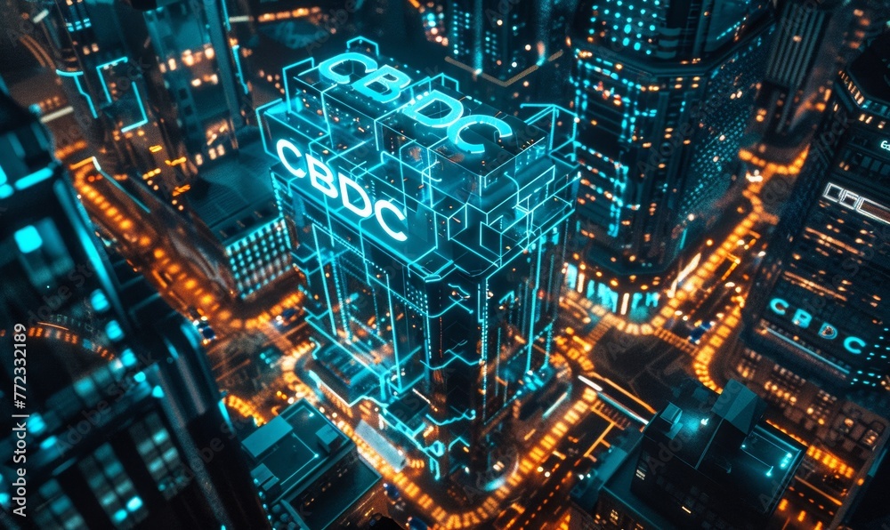 Illuminated Concept Art of Central Bank Digital Currency Building with Cityscape and Cybernetic Features CBDC