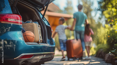 Family loading suitcases into car trunk for a journey, casual travel scene in a sunny driveway