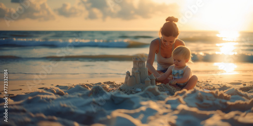 Mother and toddler engrossed in building a sandcastle at sunset, capturing the essence of beach fun