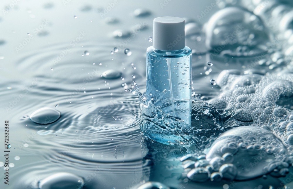 Elegant Skincare Serum Bottle with a Dropper Cap Surrounded by Serene Water Ripples Elegant Skincare Serum Bottle with a Dropper Cap Surrounded by Serene Water Ripples