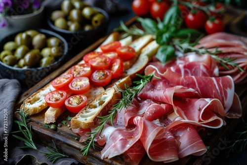 Appetizer Plate Delicacies including cold cuts fresh herbs olives and tomatoes