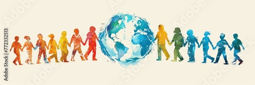 Artistic Watercolor Representation of Global Unity with People Walking Around Earth photo