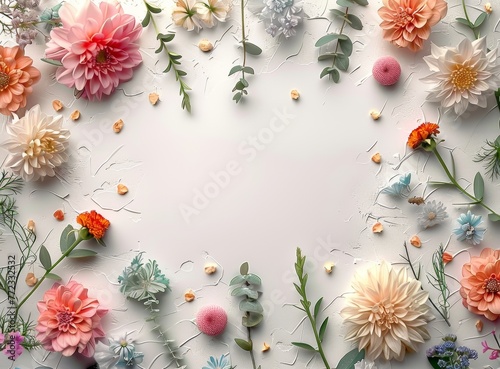 Diverse mix of flowers creating a natural border around a blank central space on a textured white background