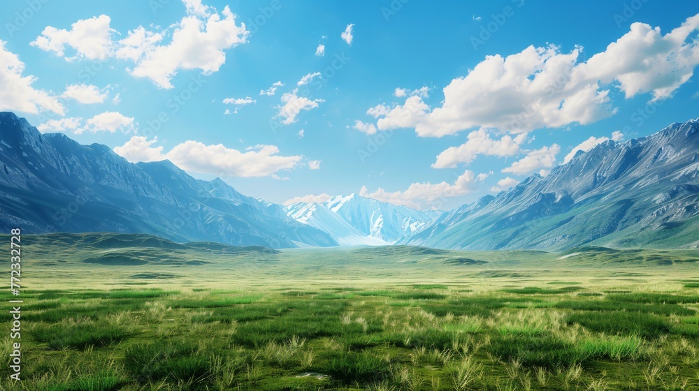 Vast golden grasslands stretch beneath the hills, visible from a distance, a serene and secluded landscape under a vast blue sky with white clouds, Generative Ai
