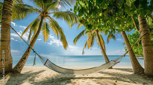 Uma rede de descanso armada entre as palmeiras em uma bela praia relaxante, evocando o conceito de viagem e lazer photo