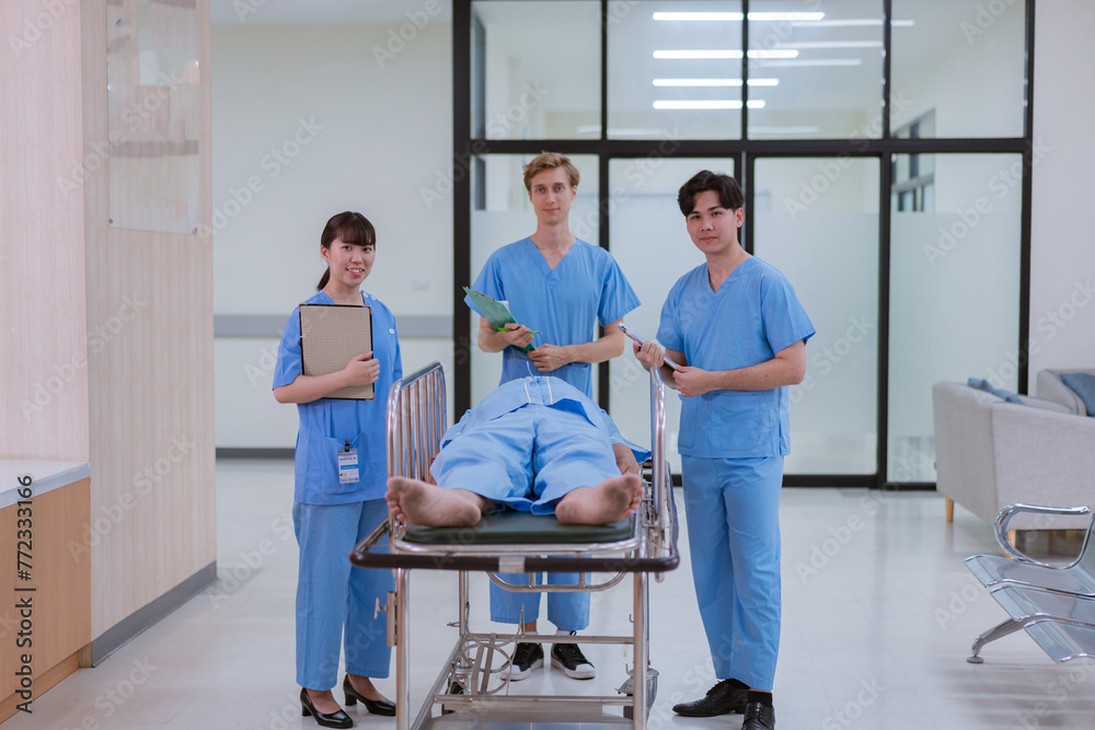 Patient elderly sleep on stretcher  meet and talking with nurse or staff at front counter in of the hospital, healthcare reception service treatment process concept