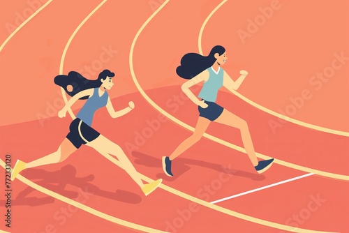 Group of athletes running on a race track, flat abstract colorful cartoon illustration