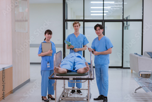 Patient elderly sleep on stretcher  meet and talking with nurse or staff at front counter in of the hospital  healthcare reception service treatment process concept