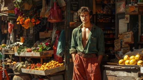 man in a military haircut stands by a stall in a green blouse and red pants