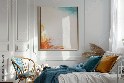 chambre blanche et lumineuse, dans appartement Haussmannien, lit avec linge bleu canard (teal) et jaune, chaise en osier et tableau Mock-up  © Noble Nature