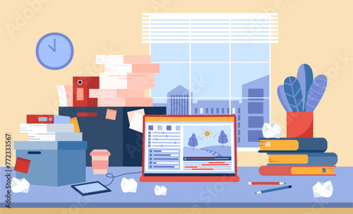 Cluttered office desk with laptop, piles of documents, stationery. Flat vector illustration. Stressful work environment, overworked atmosphere concept.