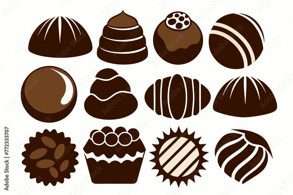 chocolate bonbons collection with different shapes silhouette black vector illustration