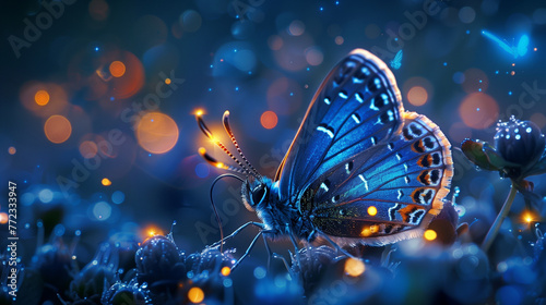 Majestic Blue Butterfly with Ornate Wings Resting on Dewy Flora, Magical Nature Scene, AI-Generated photo