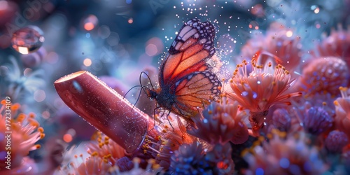 Surreal 3D render of a whimsical, floating lipstick with butterfly wings, surrounded by a swirling vortex of vibrant, floral-scented mist and shimmering, holographic particles