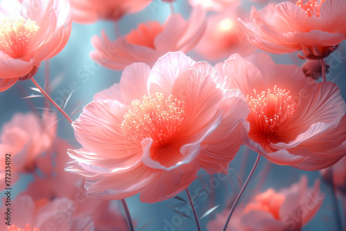 The art of tranquility in a bloom, peach flowers draped in dawn's peaceful light, greeting card