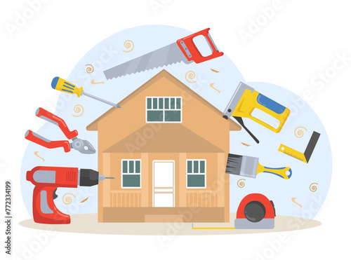 Tools for home construction and repair vector illustration. Improvement and renovation of apartment with your own hands concept. Screwdriver, brush, drill, screwdriver, saw, ruler.
