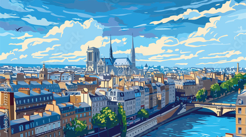 Paris france panorama from NotreDame flat cartoon