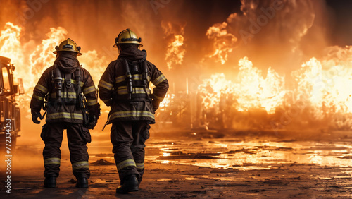 Eroi del Fuoco- Due Vigili del Fuoco che si preparano a Combattere un Incendio tra Fiamme e Fumo photo