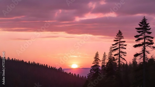 Sunset on the pink sky over a pine tree