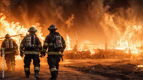 Eroi del Fuoco- Gruppo di Vigili del Fuoco che si prepara a Combattere un Incendio tra Fiamme e Fumo photo