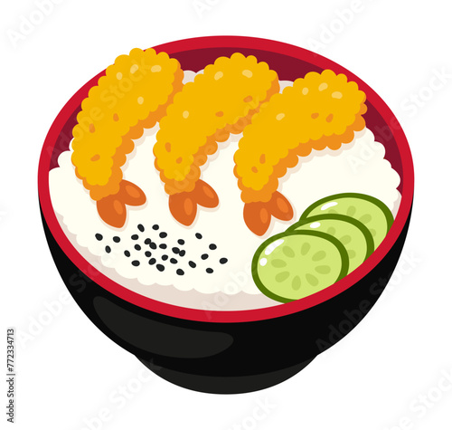 Tempura fried shrimp and rice bowl, Japanese food. Cartoon vector illustration. © sudowoodo