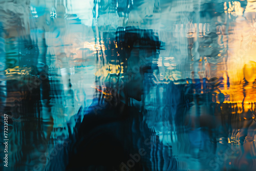 silhouette à travers une vitre dans la pluie. abstraction tons bleu et jaune, laissant deviner le visage d'un homme © Noble Nature