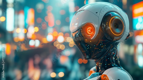 Futuristic robot portrait, neon cyberpunk with blurred background