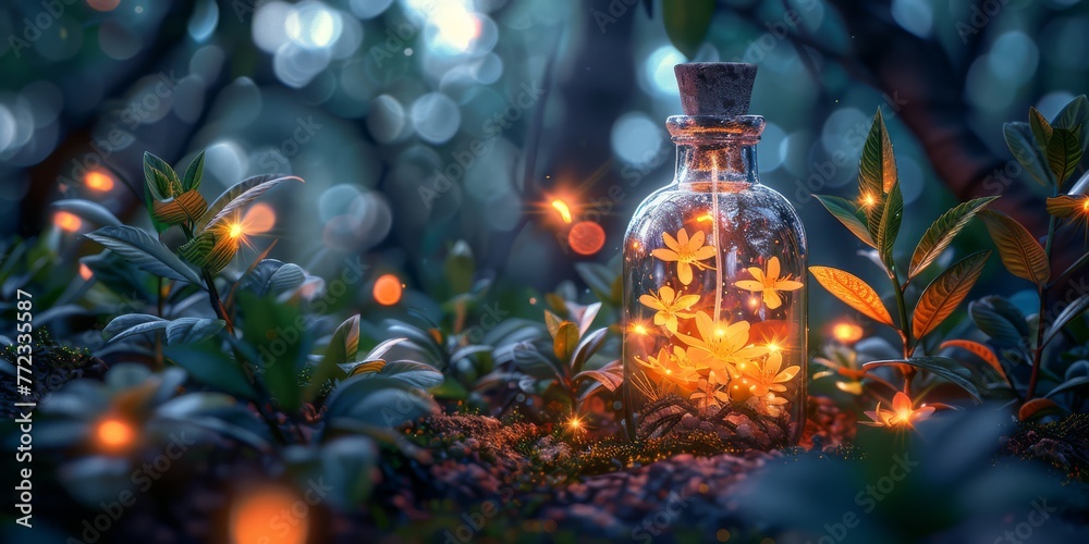 Enchanting 3D render of a magical, oversized perfume bottle with a fairy tale-like, miniature garden growing inside, complete with tiny, glowing fireflies and shimmering, dewdrop-like crystals Enchanting 3D render of a magical, oversized perfume bottle with a fairy tale-like, miniature garden growing inside, complete with tiny, glowing fireflies and shimmering, dewdrop-like crystals