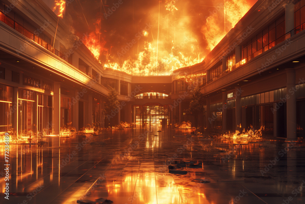 fire in a building in a shopping center, entertainment shopping center with shops on fire, explosion, terrorism. Destroyed City on Fire. Fire in burning buildings. Nuclear radioactive armageddon