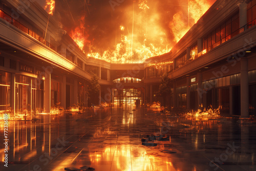 fire in a building in a shopping center, entertainment shopping center with shops on fire, explosion, terrorism. Destroyed City on Fire. Fire in burning buildings. Nuclear radioactive armageddon