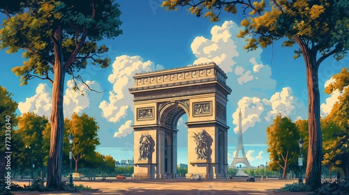 Triumph Arch in Paris, France, cartoon illustration