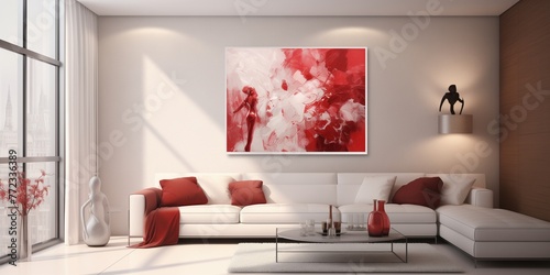 Contemporary sophistication meets artistic flair with a ruby and white back art wall, elevating the modern living room aesthetic.