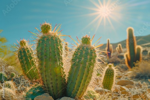 Smiling cactus under bright sun, desert resilience, vibrant, midday light , professional color grading photo