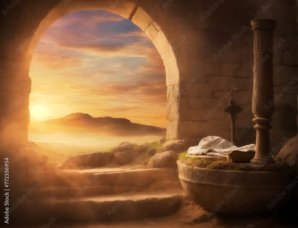 The empty tomb Jesus resurrected - obrazy, fototapety, plakaty 