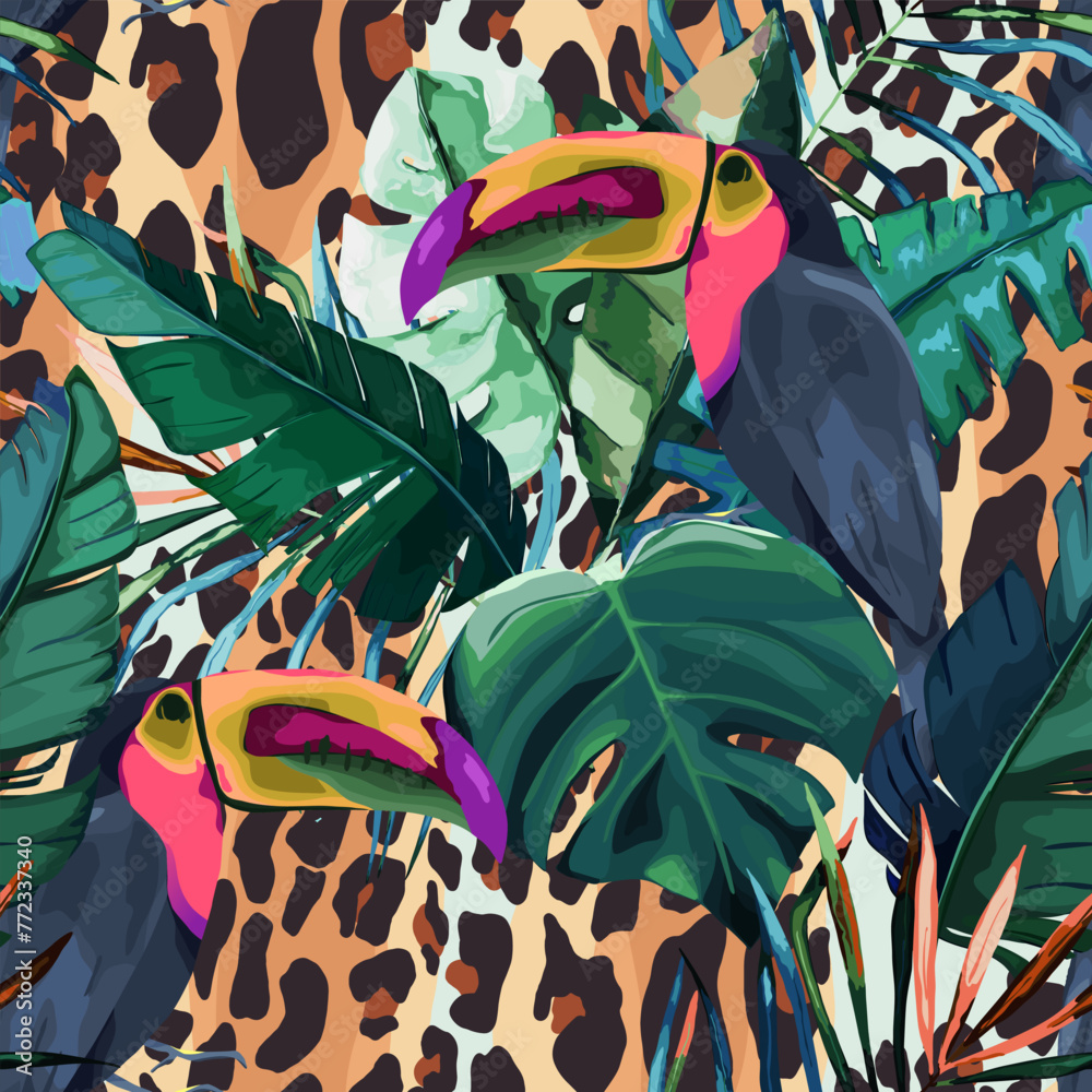 Fototapeta premium Summer seamless pattern with tropical palm leaves and wild birds, parrot, toucan. Jungle fashion print. Wild animal background. Vector illustration