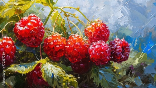 Raspberry fruit in acrylic pastoral scene
