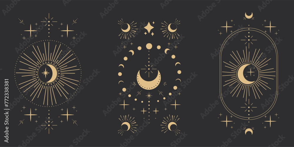 Set gold moon celestial tattoo or tarot astrology magic element with rays, stars, burst minimal line border or decoration isolated on dark background. Space symbols, emblem. - obrazy, fototapety, plakaty 