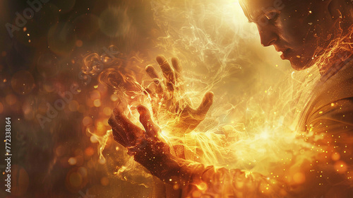 A dynamic shot of a Great Teacher-Lord performing a miraculous act of healing or transformation, with fiery energy emanating from their hands, with copy space around the scene photo