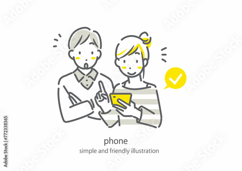 スマホで手続きをする若い夫婦　シンプルでお洒落な線画イラスト